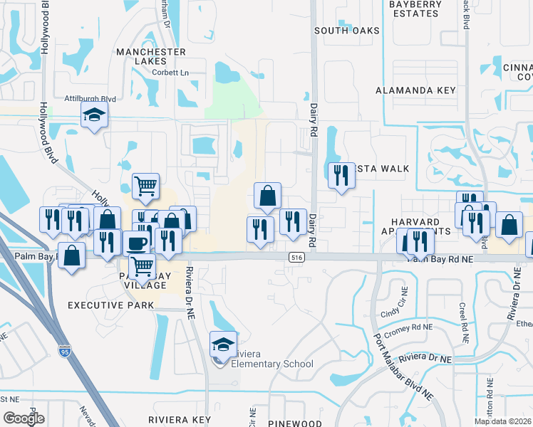 map of restaurants, bars, coffee shops, grocery stores, and more near 1065 Venetian Drive in Melbourne
