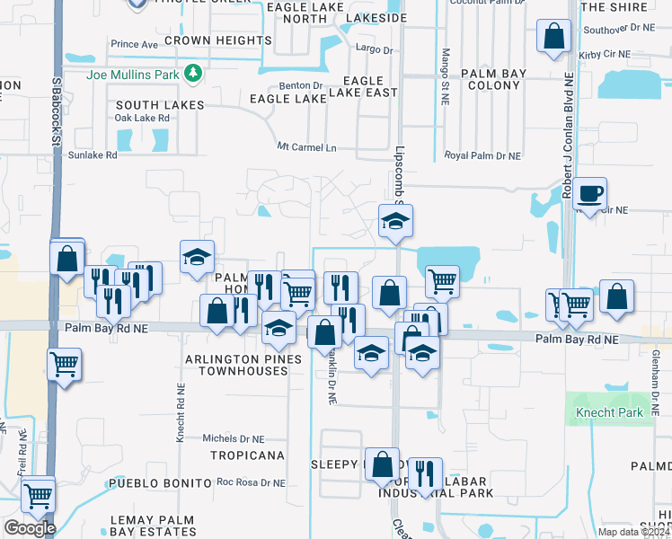 map of restaurants, bars, coffee shops, grocery stores, and more near 2016 Vista Oaks Circle Northeast in Palm Bay