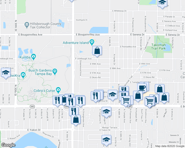 map of restaurants, bars, coffee shops, grocery stores, and more near 4118 East 97th Avenue in Tampa