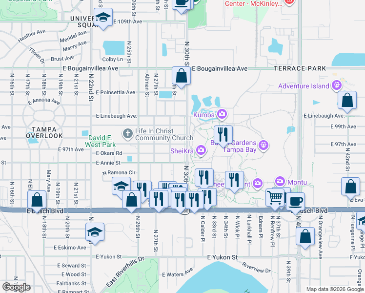 map of restaurants, bars, coffee shops, grocery stores, and more near 2912 East 97th Avenue in Tampa