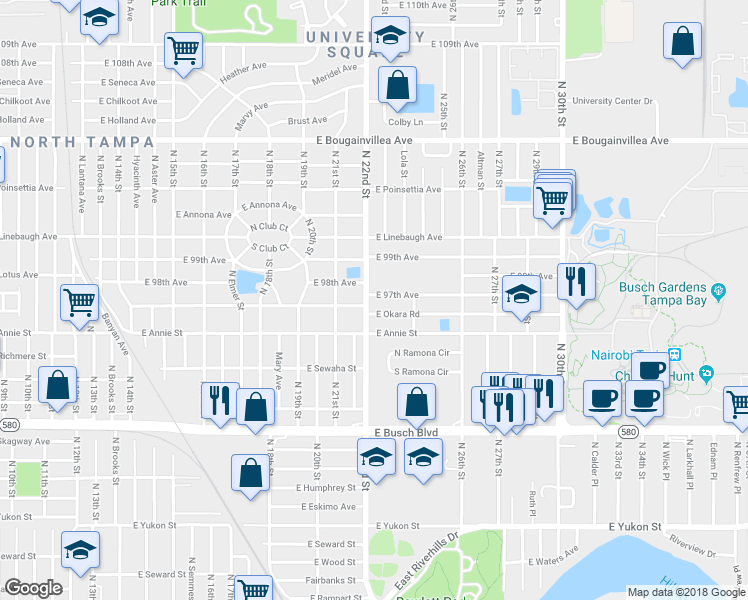 map of restaurants, bars, coffee shops, grocery stores, and more near 2212 East 97th Avenue in Tampa