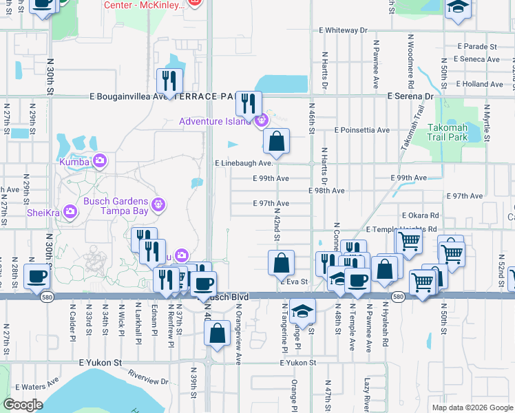 map of restaurants, bars, coffee shops, grocery stores, and more near 4115 East 97th Avenue in Tampa