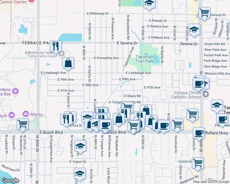 map of restaurants, bars, coffee shops, grocery stores, and more near 9707 Takomah Trail in Tampa