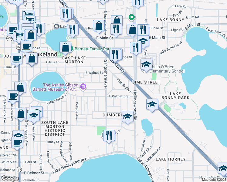 map of restaurants, bars, coffee shops, grocery stores, and more near 1027 Biltmore Place in Lakeland
