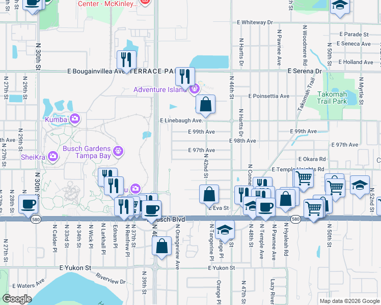 map of restaurants, bars, coffee shops, grocery stores, and more near 4115 East 97th Avenue in Tampa