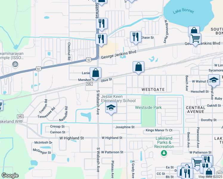 map of restaurants, bars, coffee shops, grocery stores, and more near 601 Plateau Avenue in Lakeland