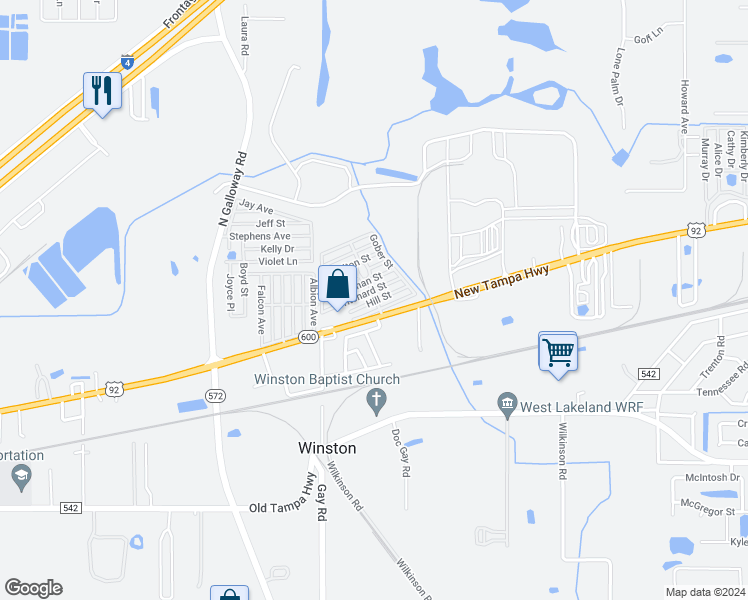 map of restaurants, bars, coffee shops, grocery stores, and more near 38 Hill Street in Lakeland
