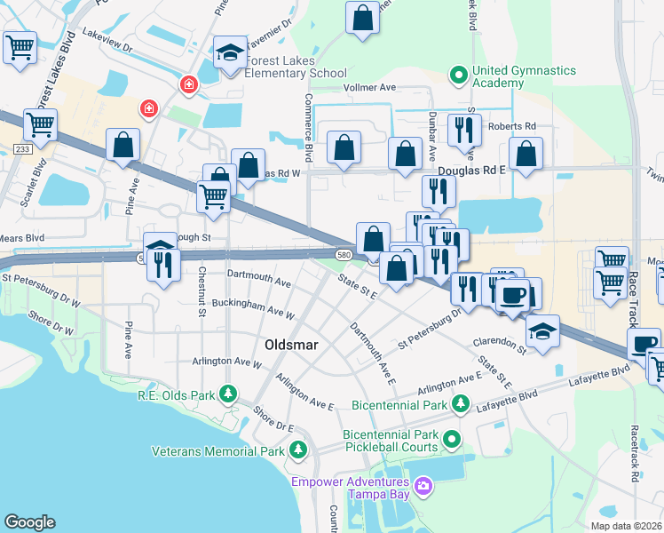 map of restaurants, bars, coffee shops, grocery stores, and more near 100 State Street West in Oldsmar