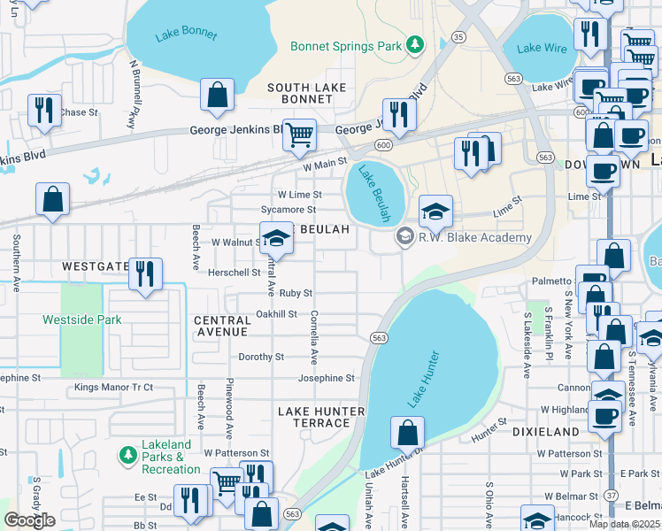 map of restaurants, bars, coffee shops, grocery stores, and more near 1038 West Walnut Street in Lakeland