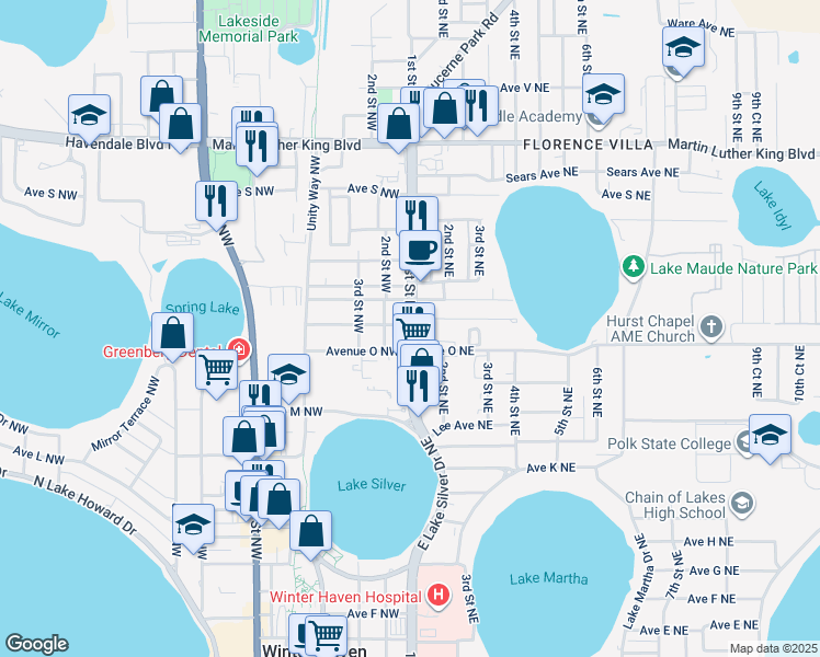 map of restaurants, bars, coffee shops, grocery stores, and more near in Winter Haven