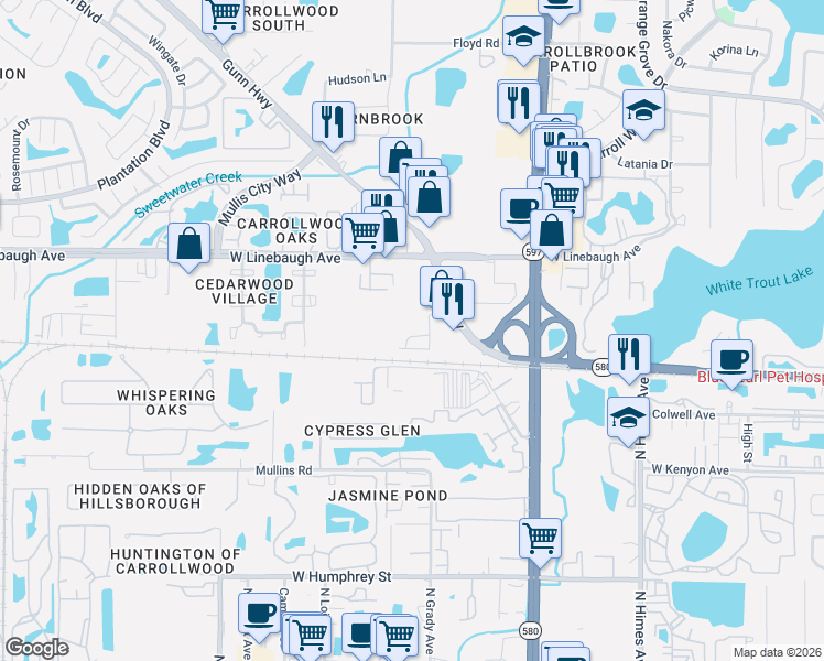 map of restaurants, bars, coffee shops, grocery stores, and more near 4027 Gauge Line Loop in Tampa