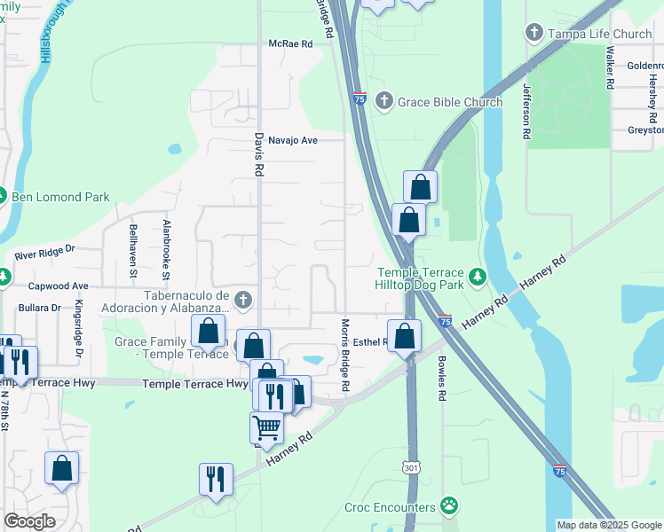 map of restaurants, bars, coffee shops, grocery stores, and more near 9837 Morris Glen Way in Tampa