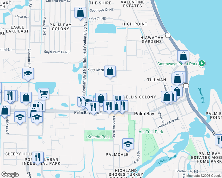map of restaurants, bars, coffee shops, grocery stores, and more near 2596 4th Avenue Northeast in Palm Bay