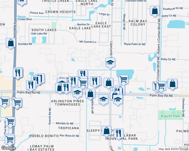 map of restaurants, bars, coffee shops, grocery stores, and more near 2016 Vista Oaks Circle Northeast in Palm Bay