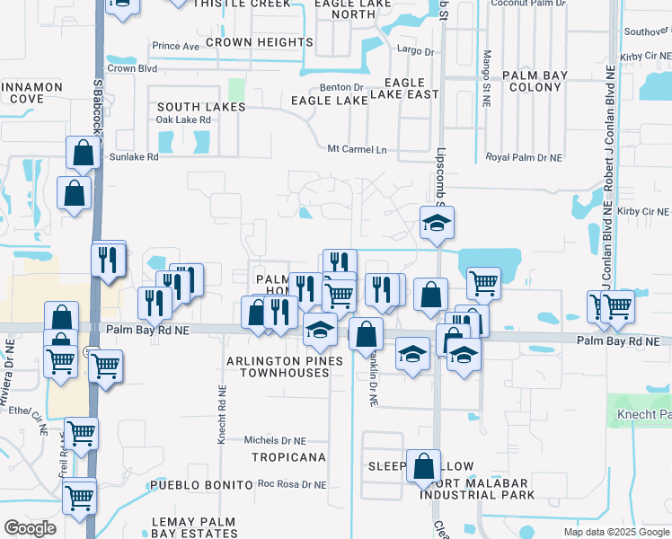map of restaurants, bars, coffee shops, grocery stores, and more near 1640 Bottlebrush Drive in Palm Bay