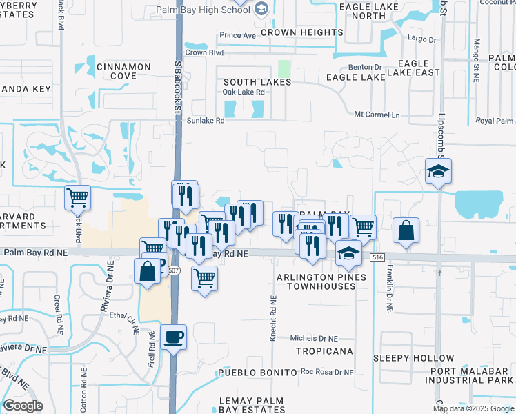 map of restaurants, bars, coffee shops, grocery stores, and more near 1767 Monterey Drive in Palm Bay