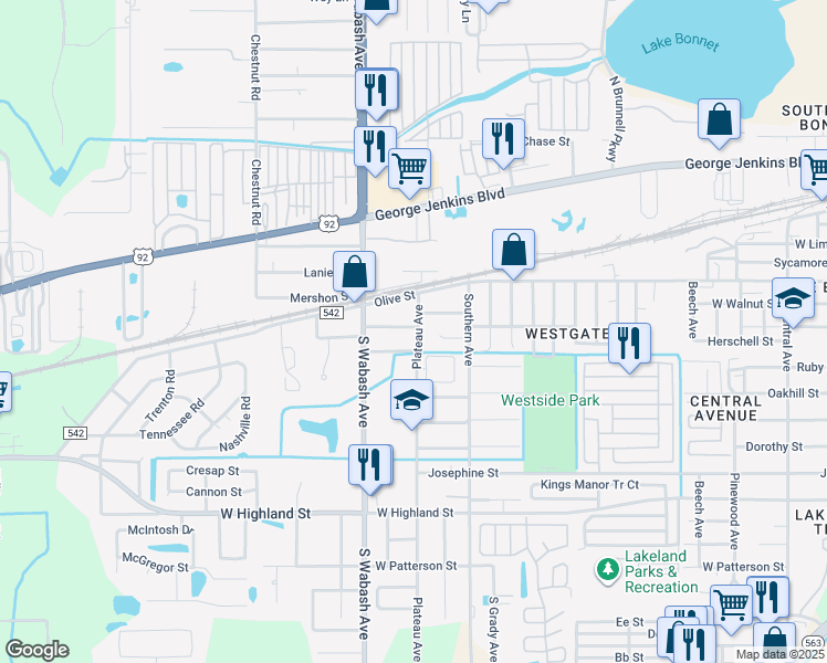 map of restaurants, bars, coffee shops, grocery stores, and more near 2011 West Hickory Street in Lakeland