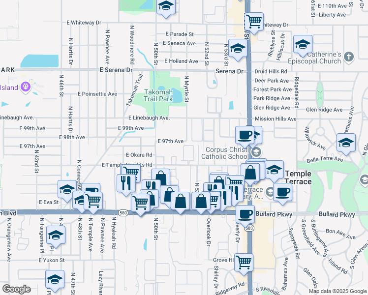 map of restaurants, bars, coffee shops, grocery stores, and more near 5156 Tennis Court Circle in Tampa