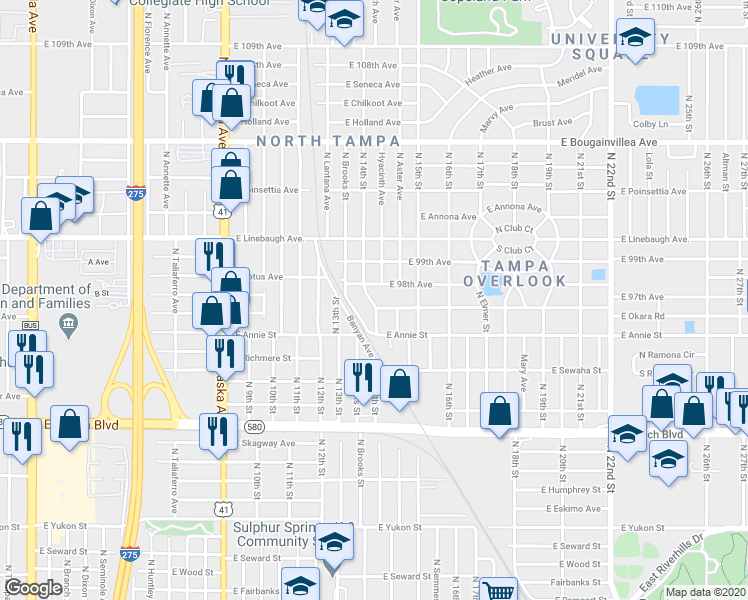 map of restaurants, bars, coffee shops, grocery stores, and more near 1407 East 98th Avenue in Tampa