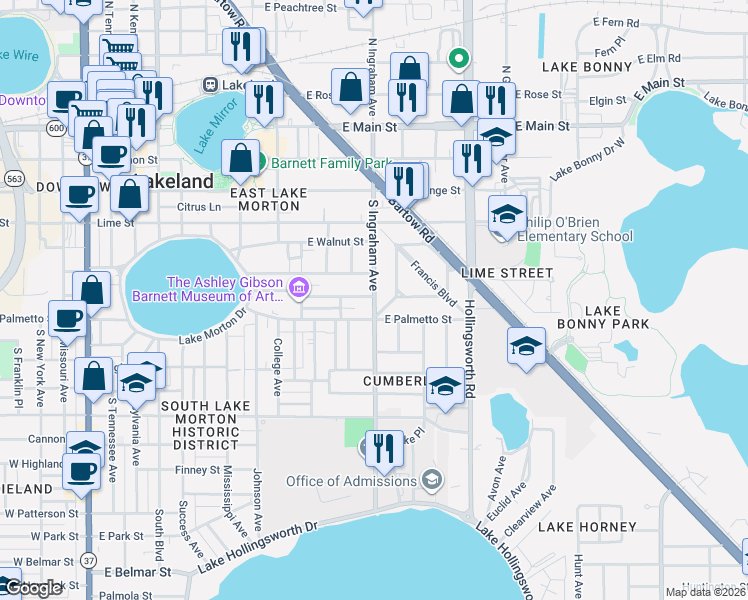 map of restaurants, bars, coffee shops, grocery stores, and more near 613 1/2 South Ingraham Avenue in Lakeland