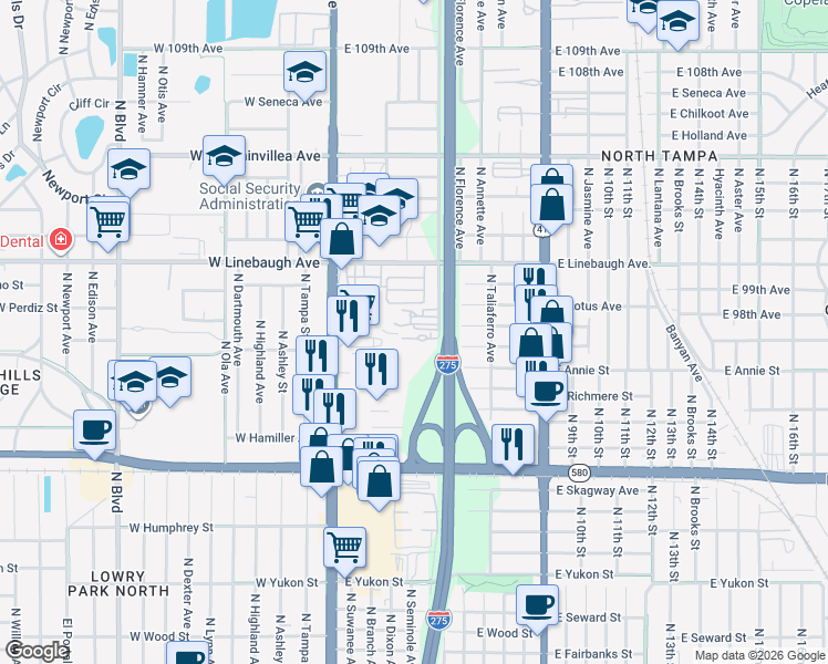 map of restaurants, bars, coffee shops, grocery stores, and more near 9702 North Central Avenue in Tampa
