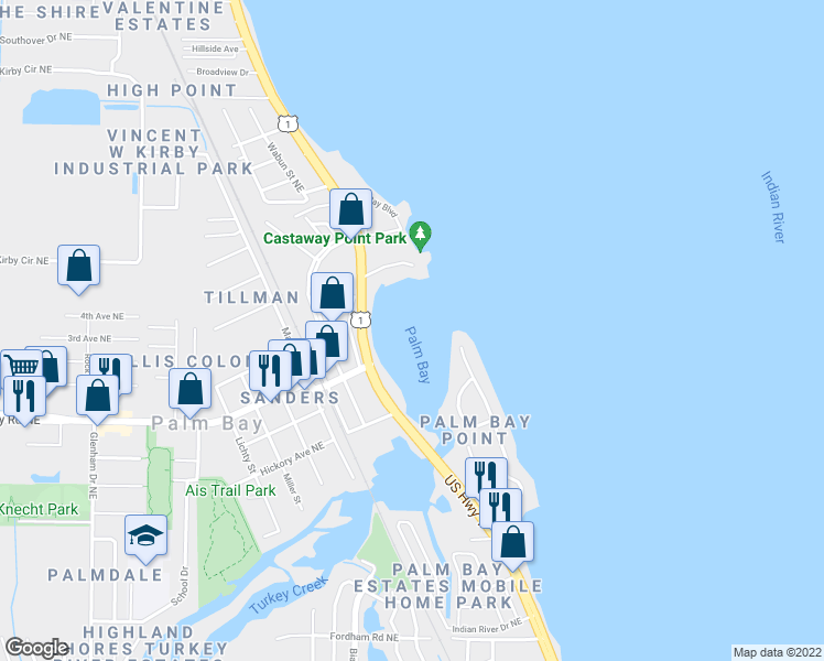 map of restaurants, bars, coffee shops, grocery stores, and more near in Palm Bay