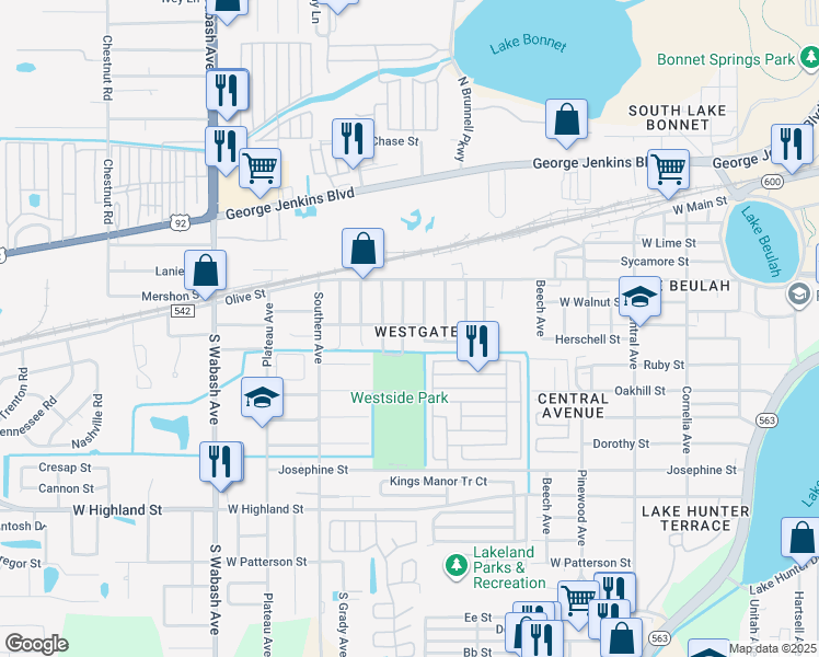 map of restaurants, bars, coffee shops, grocery stores, and more near 1736 West Hickory Street in Lakeland