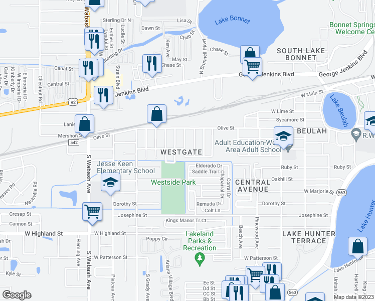 map of restaurants, bars, coffee shops, grocery stores, and more near 604 South Westgate Avenue in Lakeland