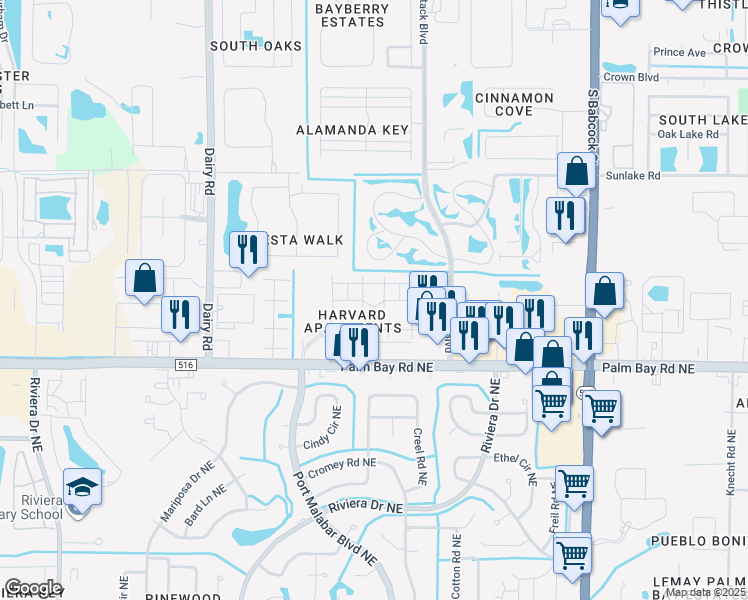 map of restaurants, bars, coffee shops, grocery stores, and more near 1501 Harvard Circle in Melbourne