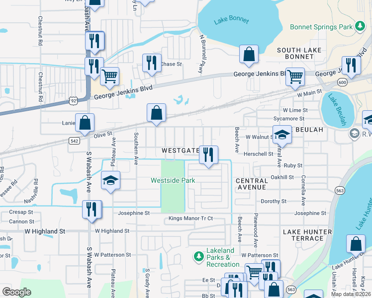 map of restaurants, bars, coffee shops, grocery stores, and more near 602 South Westgate Avenue in Lakeland