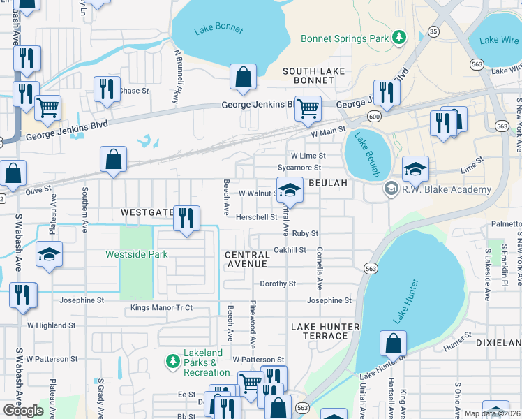 map of restaurants, bars, coffee shops, grocery stores, and more near 522 Pinewood Avenue in Lakeland