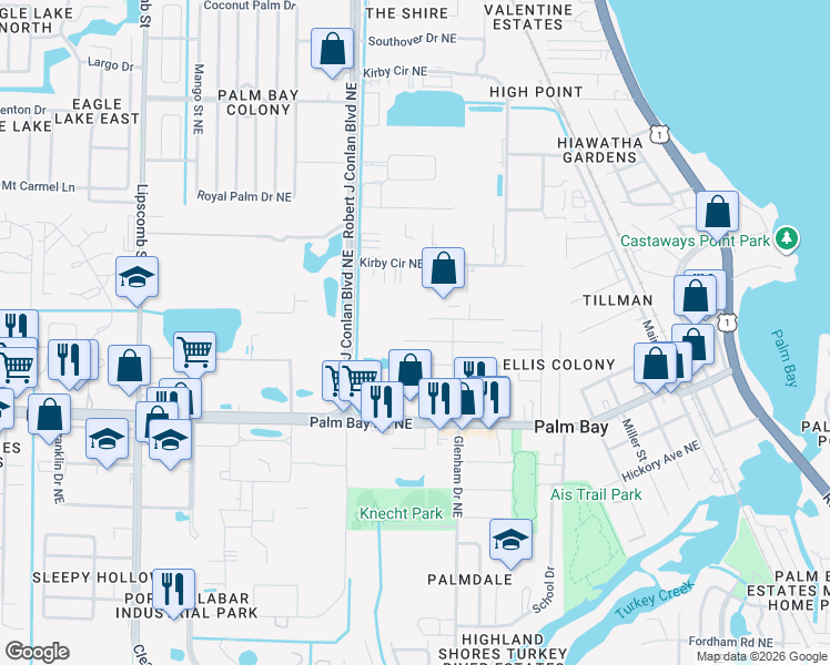 map of restaurants, bars, coffee shops, grocery stores, and more near 2525 3rd Avenue Northeast in Palm Bay