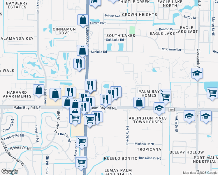 map of restaurants, bars, coffee shops, grocery stores, and more near 1635 Monterey Drive in Palm Bay