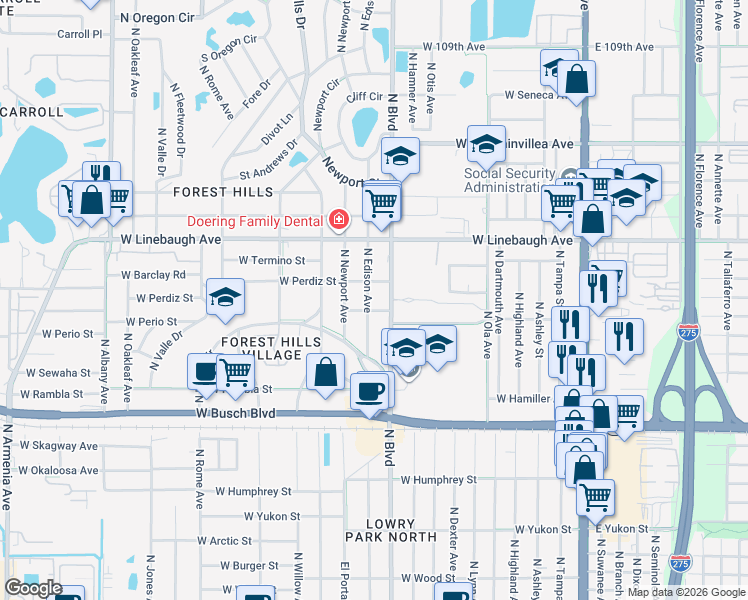 map of restaurants, bars, coffee shops, grocery stores, and more near 9611 North Edison Avenue in Tampa