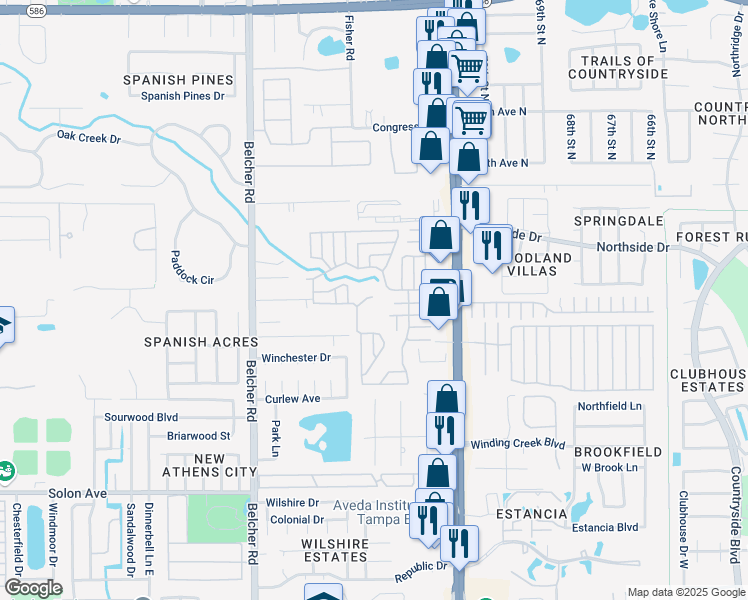 map of restaurants, bars, coffee shops, grocery stores, and more near 312 Via Granada in Dunedin