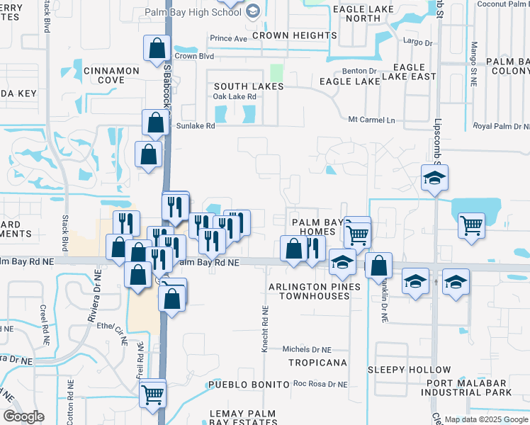 map of restaurants, bars, coffee shops, grocery stores, and more near 1767 Monterey Drive in Palm Bay