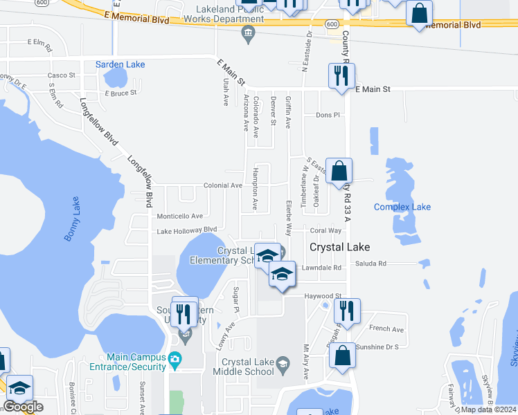 map of restaurants, bars, coffee shops, grocery stores, and more near 526 Hampton Avenue in Lakeland