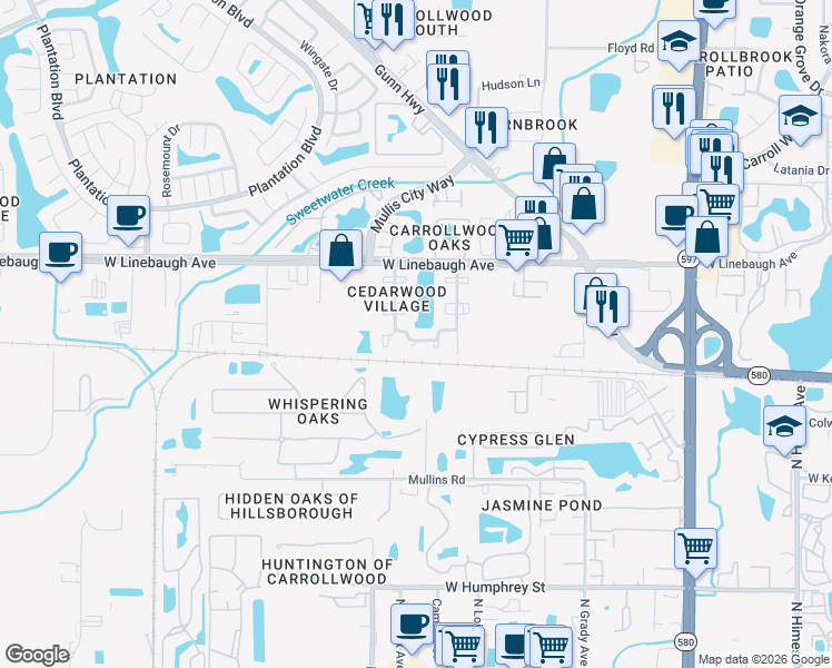 map of restaurants, bars, coffee shops, grocery stores, and more near 4527 Cedarwood Village Drive in Tampa