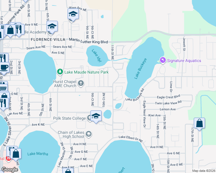 map of restaurants, bars, coffee shops, grocery stores, and more near 2 Parkwood Road in Winter Haven