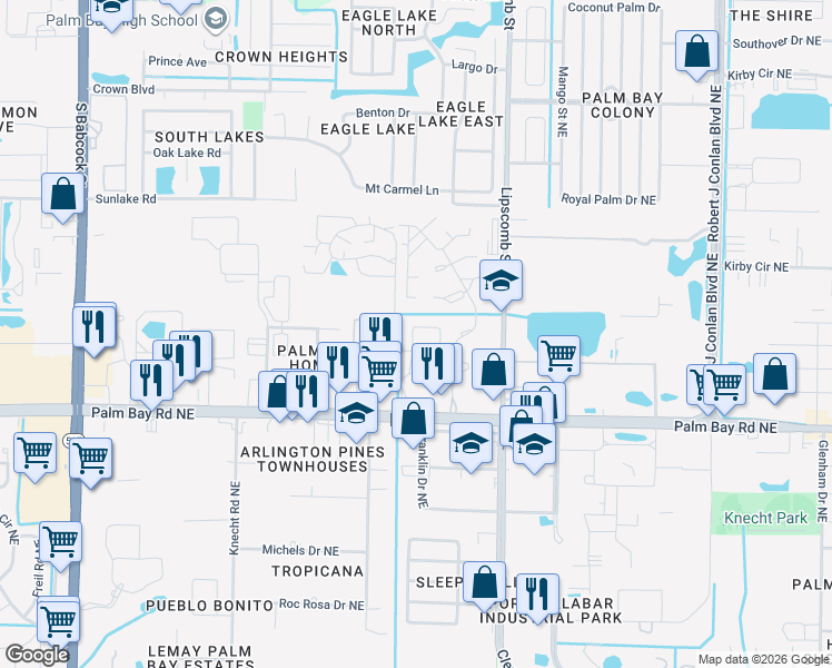 map of restaurants, bars, coffee shops, grocery stores, and more near 2016 Vista Oaks Circle Northeast in Palm Bay