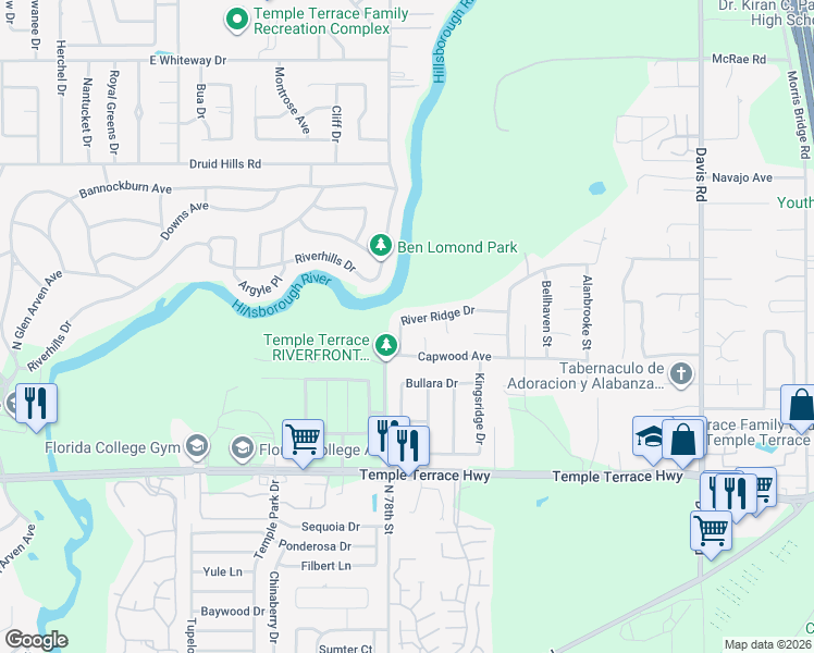 map of restaurants, bars, coffee shops, grocery stores, and more near 7813 River Ridge Drive in Temple Terrace