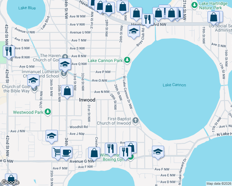 map of restaurants, bars, coffee shops, grocery stores, and more near 2551 Avenue North Northwest in Winter Haven