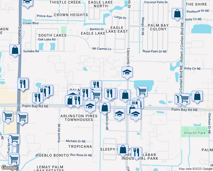 map of restaurants, bars, coffee shops, grocery stores, and more near 2016 Vista Oaks Circle Northeast in Palm Bay