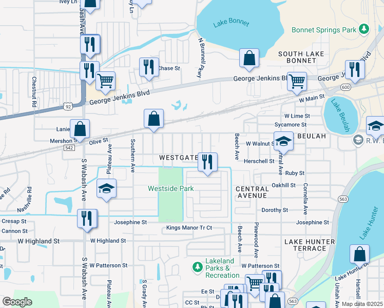 map of restaurants, bars, coffee shops, grocery stores, and more near 519 Kansas Avenue in Lakeland