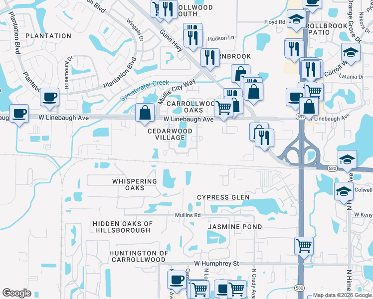 map of restaurants, bars, coffee shops, grocery stores, and more near 4527 Cedarwood Village Drive in Tampa