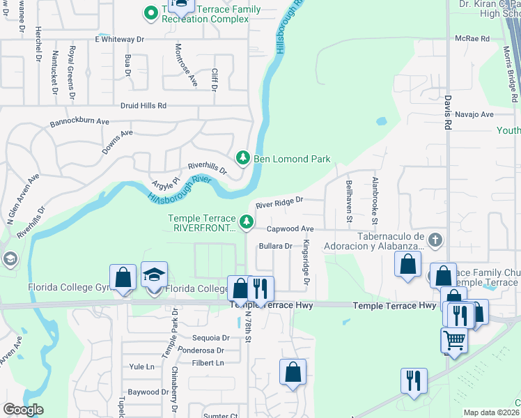 map of restaurants, bars, coffee shops, grocery stores, and more near 7813 River Ridge Drive in Temple Terrace
