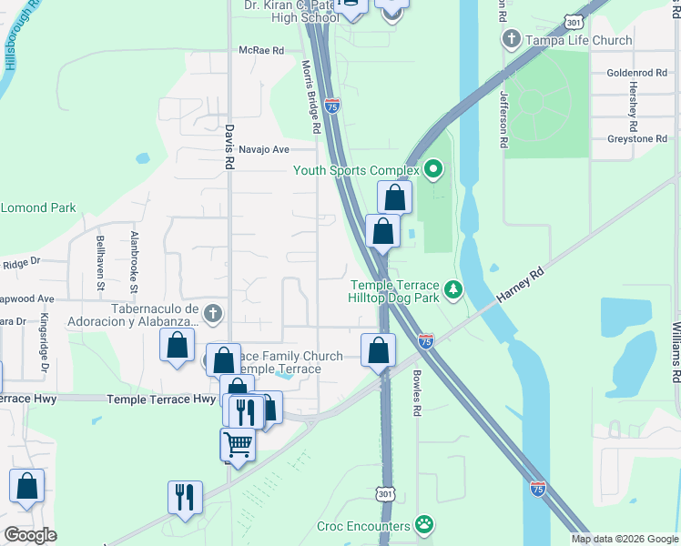map of restaurants, bars, coffee shops, grocery stores, and more near 9006 Jeanine Lane in Tampa
