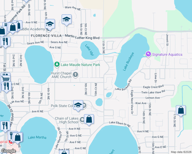 map of restaurants, bars, coffee shops, grocery stores, and more near 2-98 Parkwood Road in Winter Haven