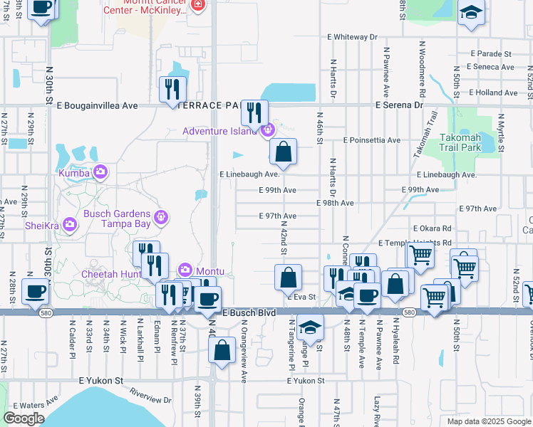 map of restaurants, bars, coffee shops, grocery stores, and more near 4118 East 97th Avenue in Tampa