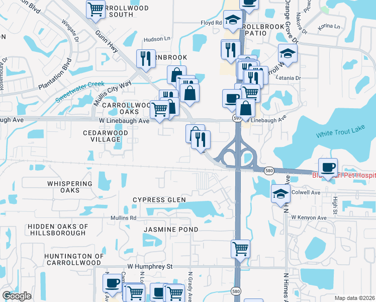 map of restaurants, bars, coffee shops, grocery stores, and more near 4027 Gauge Line Loop in Tampa